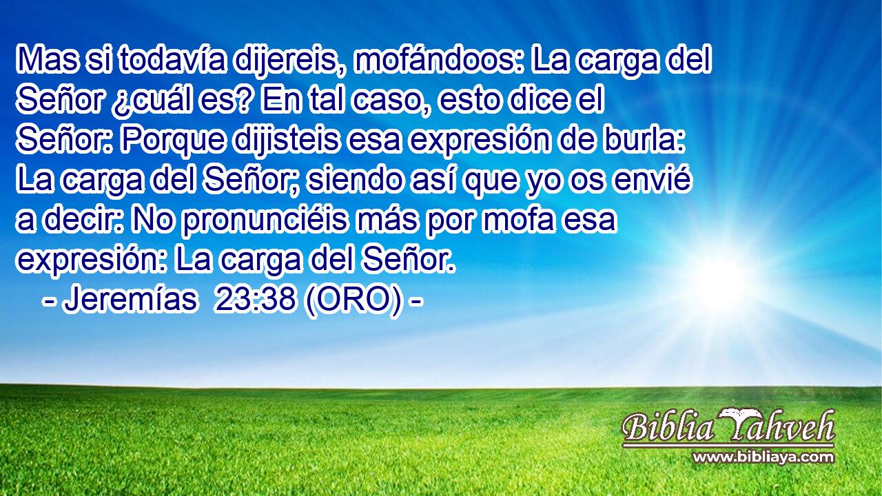  Mas si todavía dijereis, mofándoos: La carga del Señor ¿cuál es? En tal caso, esto dice el Señor: Porque dijisteis esa expresión de burla: La carga del Señor; siendo así que yo os envié a decir: No pronunciéis más por mofa esa expresión: La carga del Señor. 
