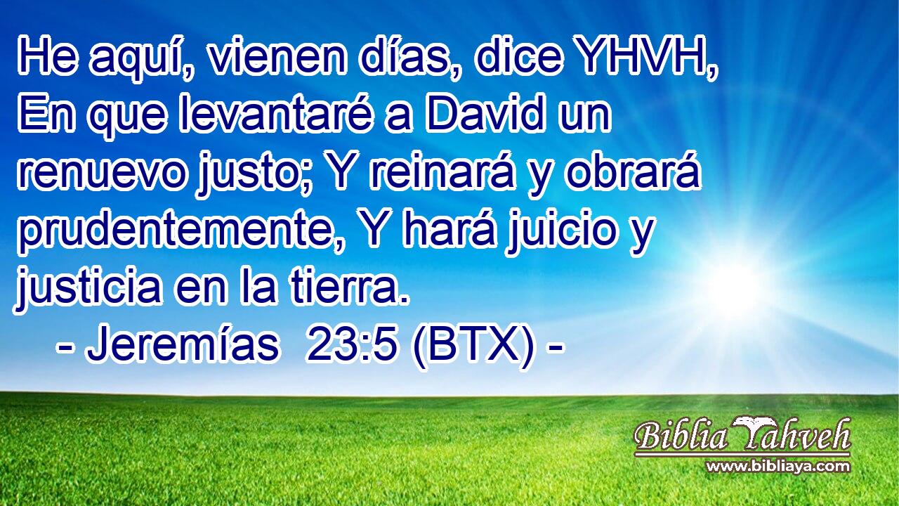 He aquí, vienen días, dice YHVH, En que levantaré a David un renuevo justo; Y reinará y obrará prudentemente, Y hará juicio y justicia en la tierra.