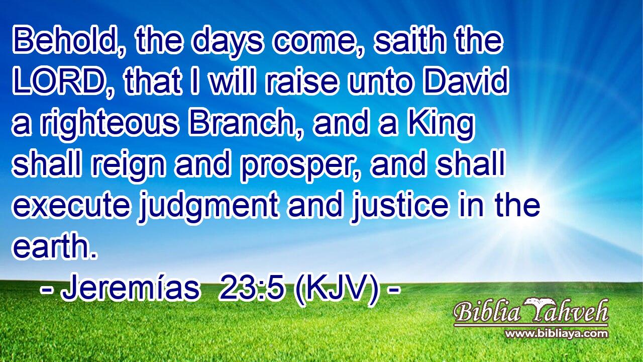 Behold, the days come, saith the LORD, that I will raise unto David a righteous Branch, and a King shall reign and prosper, and shall execute judgment and justice in the earth.