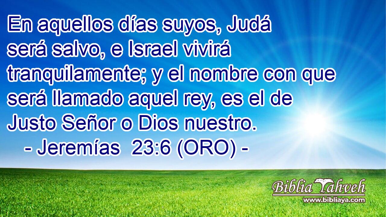  En aquellos días suyos, Judá será salvo, e Israel vivirá tranquilamente; y el nombre con que será llamado aquel rey, es el de Justo Señor o Dios nuestro. 