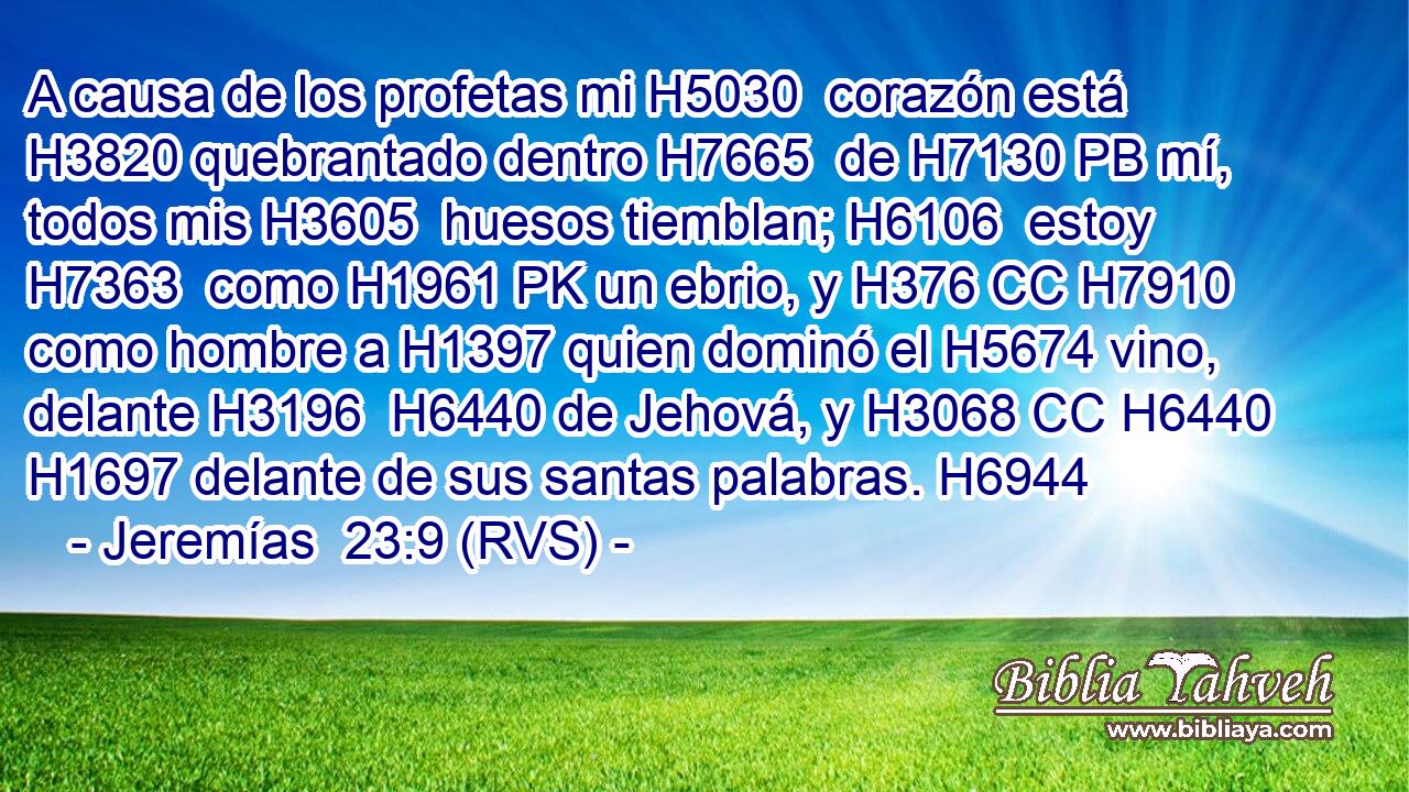 A causa de los profetas mi H5030  corazón está H3820 quebrantado dentro H7665  de H7130 PB mí, todos mis H3605  huesos tiemblan; H6106  estoy H7363  como H1961 PK un ebrio, y H376 CC H7910 como hombre a H1397 quien dominó el H5674 vino, delante H3196  H6440 de Jehová, y H3068 CC H6440 H1697 delante de sus santas palabras. H6944  