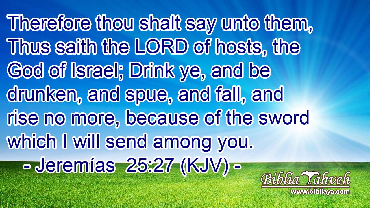 Therefore thou shalt say unto them, Thus saith the LORD of hosts, the God of Israel; Drink ye, and be drunken, and spue, and fall, and rise no more, because of the sword which I will send among you.