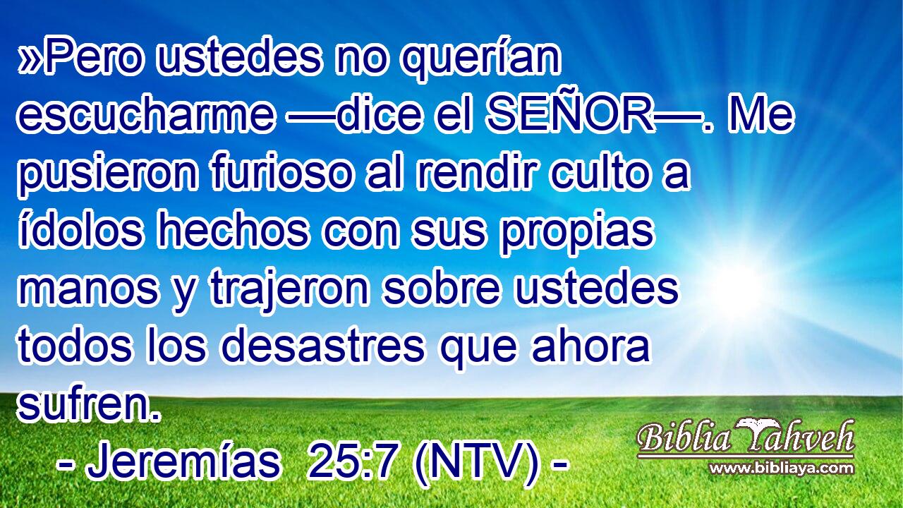 »Pero ustedes no querían escucharme —dice el SEÑOR—. Me pusieron furioso al rendir culto a ídolos hechos con sus propias manos y trajeron sobre ustedes todos los desastres que ahora sufren.