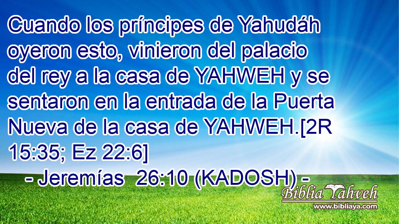 Cuando los príncipes de Yahudáh oyeron esto, vinieron del palacio del rey a la casa de YAHWEH y se sentaron en la entrada de la Puerta Nueva de la casa de YAHWEH.[2R 15:35; Ez 22:6] 