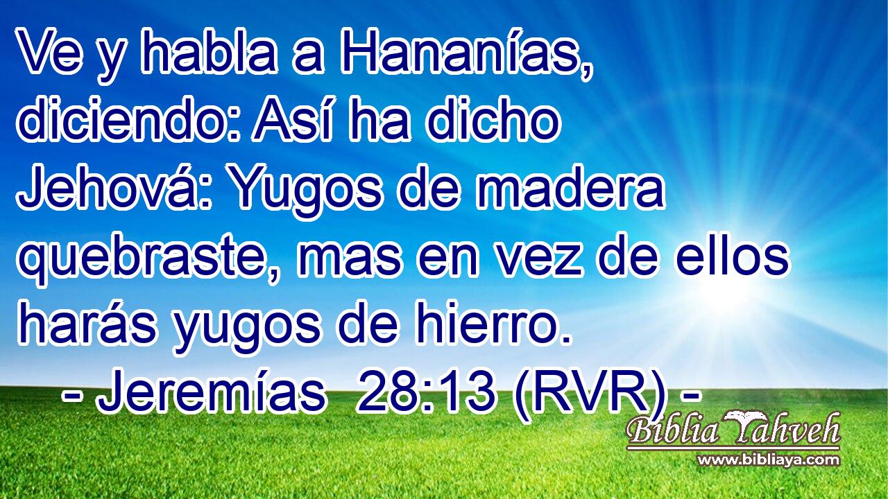 Ve y habla a Hananías, diciendo: Así ha dicho Jehová: Yugos de madera quebraste, mas en vez de ellos harás yugos de hierro.