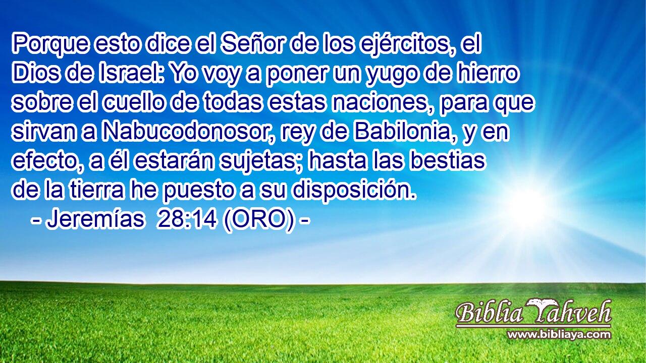  Porque esto dice el Señor de los ejércitos, el Dios de Israel: Yo voy a poner un yugo de hierro sobre el cuello de todas estas naciones, para que sirvan a Nabucodonosor, rey de Babilonia, y en efecto, a él estarán sujetas; hasta las bestias de la tierra he puesto a su disposición. 