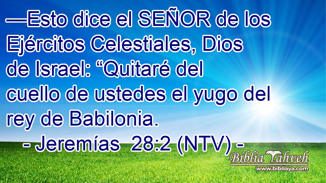—Esto dice el SEÑOR de los Ejércitos Celestiales, Dios de Israel: “Quitaré del cuello de ustedes el yugo del rey de Babilonia.