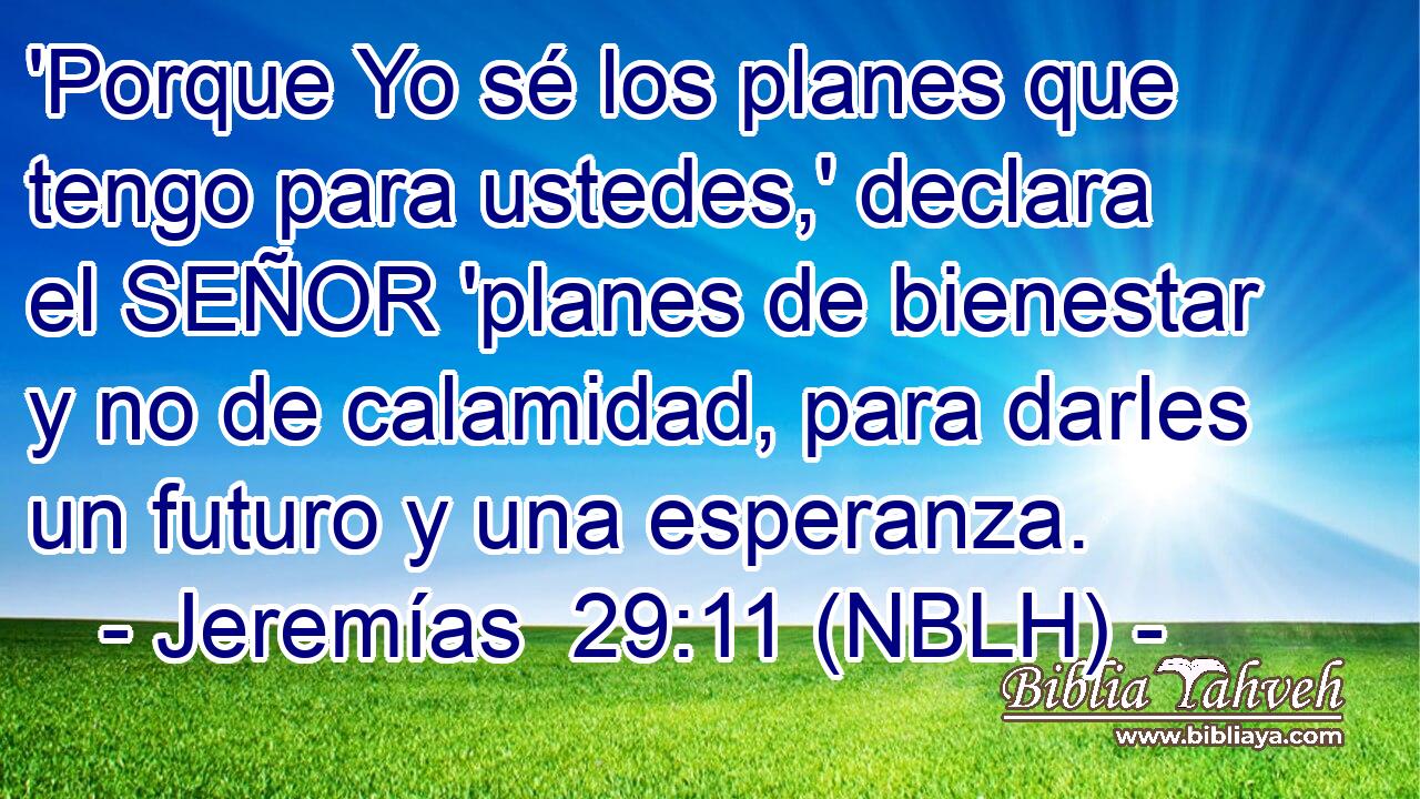  'Porque Yo sé los planes que tengo para ustedes,' declara el SEÑOR 'planes de bienestar y no de calamidad, para darles un futuro y una esperanza. 