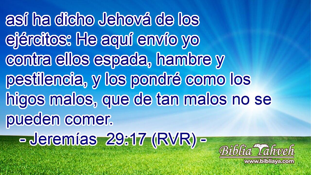 así ha dicho Jehová de los ejércitos: He aquí envío yo contra ellos espada, hambre y pestilencia, y los pondré como los higos malos, que de tan malos no se pueden comer.