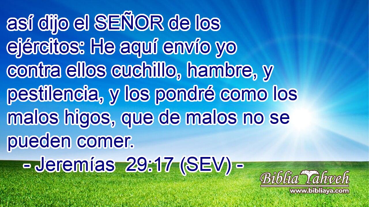 así dijo el SEÑOR de los ejércitos: He aquí envío yo contra ellos cuchillo, hambre, y pestilencia, y los pondré como los malos higos, que de malos no se pueden comer.