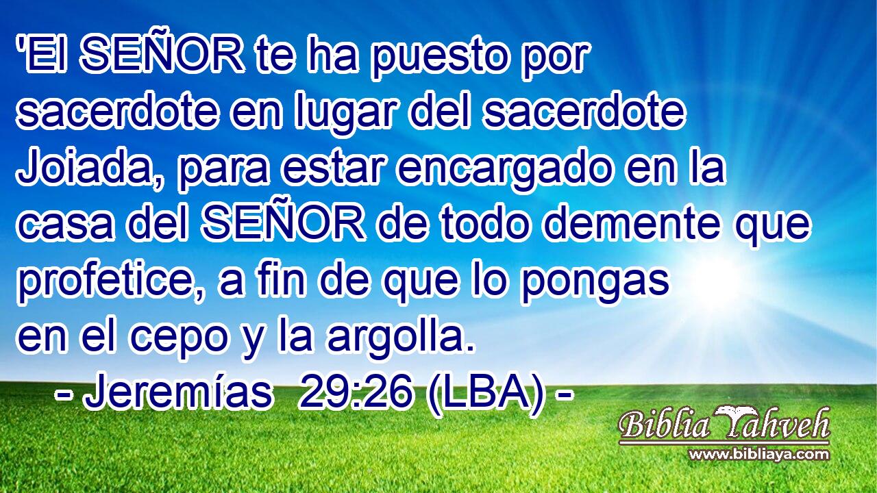 'El SEÑOR te ha puesto por sacerdote en lugar del sacerdote Joiada, para estar encargado en la casa del SEÑOR de todo demente que profetice, a fin de que lo pongas en el cepo y la argolla.