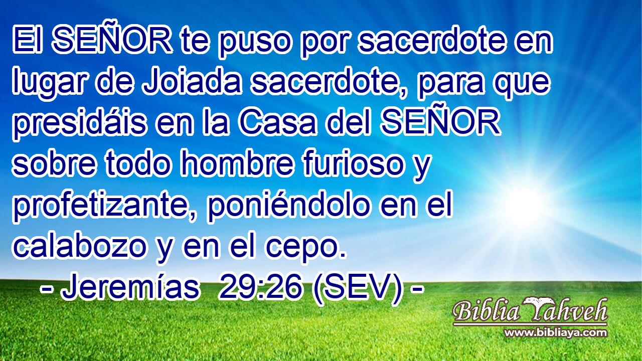 El SEÑOR te puso por sacerdote en lugar de Joiada sacerdote, para que presidáis en la Casa del SEÑOR sobre todo hombre furioso y profetizante, poniéndolo en el calabozo y en el cepo.