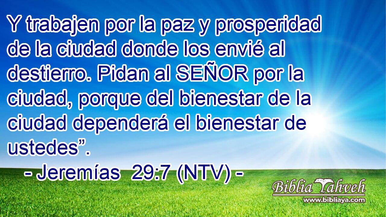 Y trabajen por la paz y prosperidad de la ciudad donde los envié al destierro. Pidan al SEÑOR por la ciudad, porque del bienestar de la ciudad dependerá el bienestar de ustedes”.