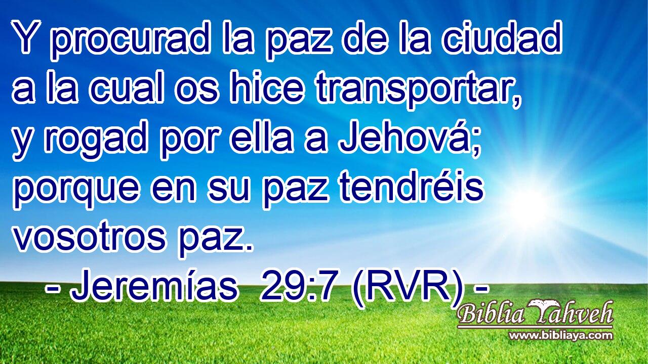 Y procurad la paz de la ciudad a la cual os hice transportar, y rogad por ella a Jehová; porque en su paz tendréis vosotros paz.