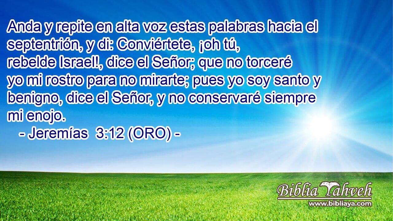  Anda y repite en alta voz estas palabras hacia el septentrión, y di: Conviértete, ¡oh tú, rebelde Israel!, dice el Señor; que no torceré yo mi rostro para no mirarte; pues yo soy santo y benigno, dice el Señor, y no conservaré siempre mi enojo. 