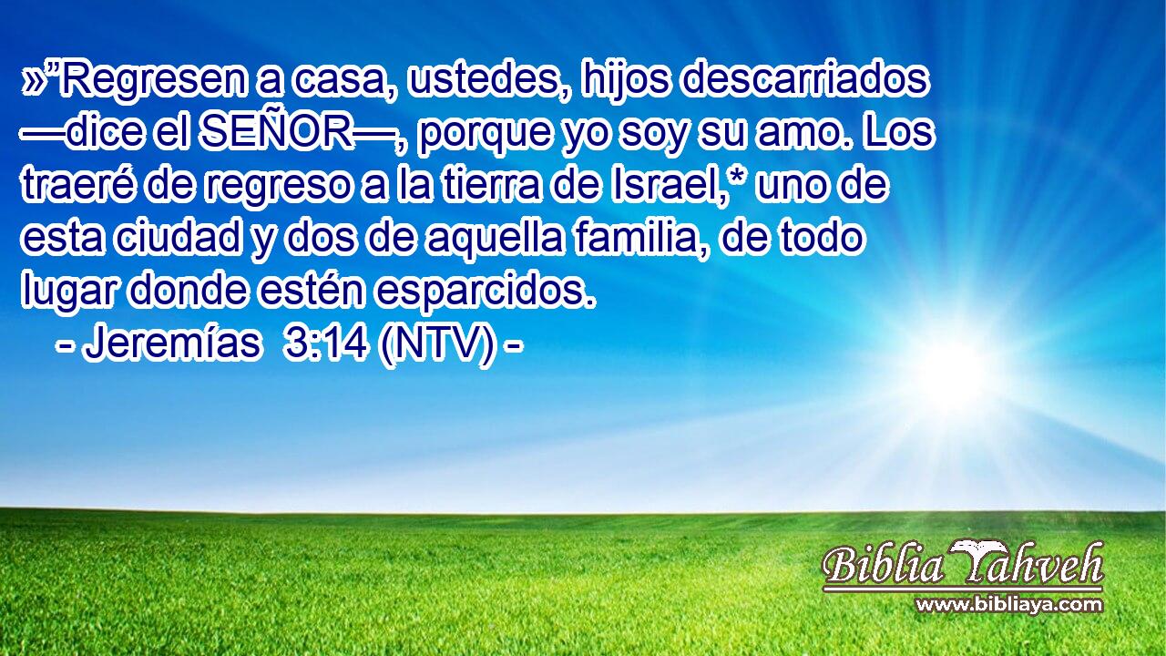 »”Regresen a casa, ustedes, hijos descarriados —dice el SEÑOR—, porque yo soy su amo. Los traeré de regreso a la tierra de Israel,* uno de esta ciudad y dos de aquella familia, de todo lugar donde estén esparcidos.
