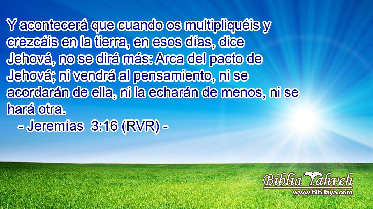 Y acontecerá que cuando os multipliquéis y crezcáis en la tierra, en esos días, dice Jehová, no se dirá más: Arca del pacto de Jehová; ni vendrá al pensamiento, ni se acordarán de ella, ni la echarán de menos, ni se hará otra.
