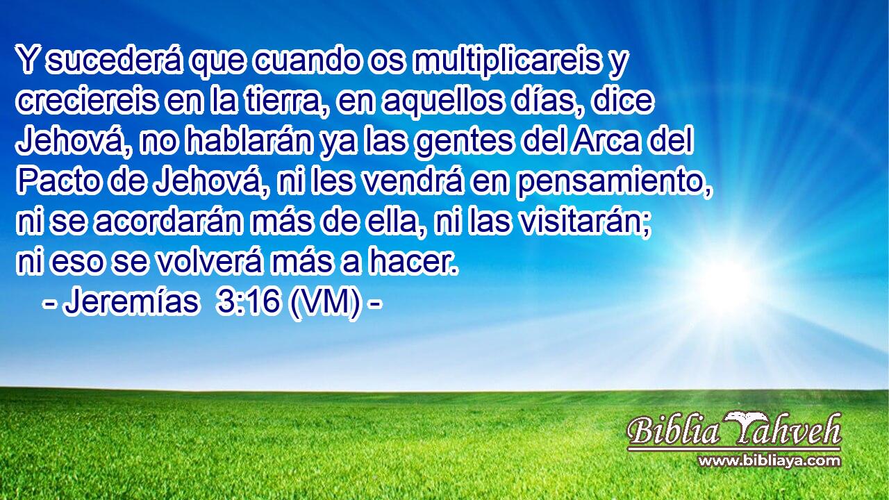  Y sucederá que cuando os multiplicareis y creciereis en la tierra, en aquellos días, dice Jehová, no hablarán ya las gentes del Arca del Pacto de Jehová, ni les vendrá en pensamiento, ni se acordarán más de ella, ni las visitarán; ni eso se volverá más a hacer. 