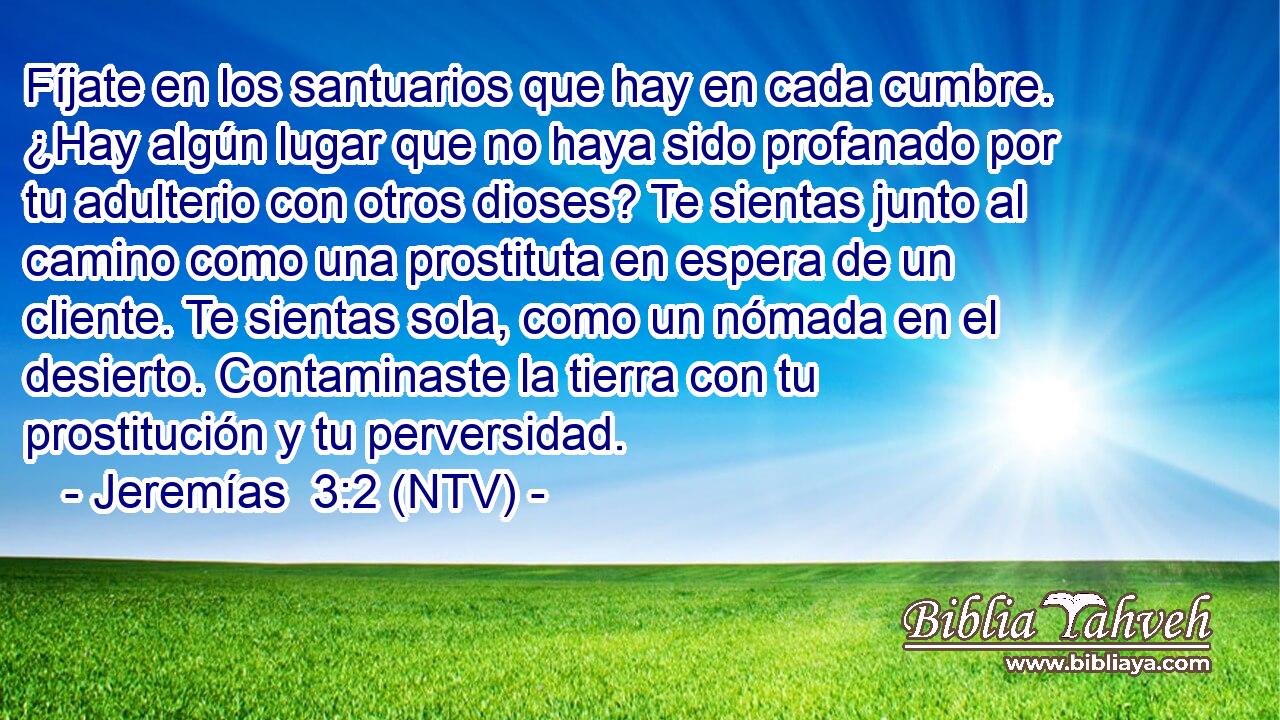 Fíjate en los santuarios que hay en cada cumbre. ¿Hay algún lugar que no haya sido profanado por tu adulterio con otros dioses? Te sientas junto al camino como una prostituta en espera de un cliente. Te sientas sola, como un nómada en el desierto. Contaminaste la tierra con tu prostitución y tu perversidad.