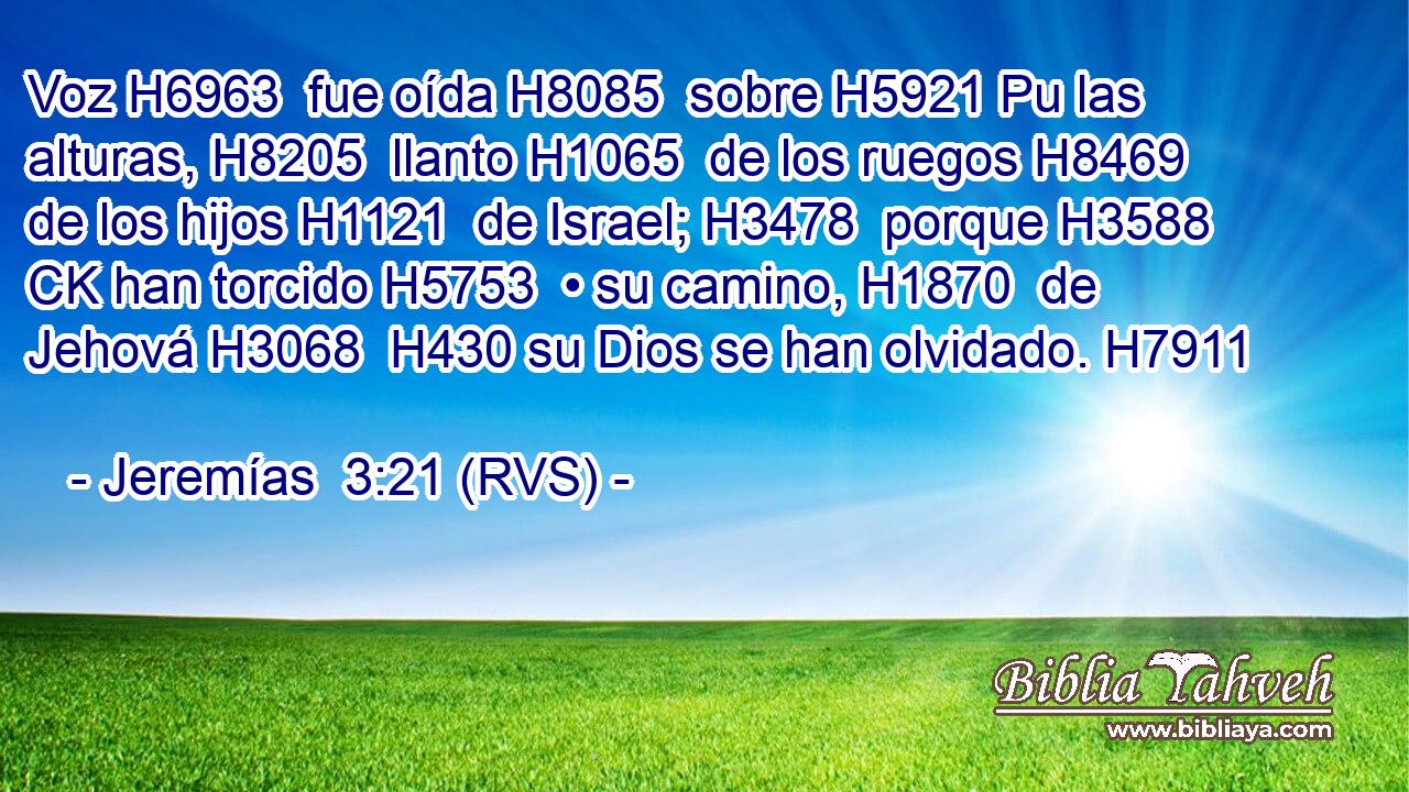 Voz H6963  fue oída H8085  sobre H5921 Pu las alturas, H8205  llanto H1065  de los ruegos H8469  de los hijos H1121  de Israel; H3478  porque H3588 CK han torcido H5753  • su camino, H1870  de Jehová H3068  H430 su Dios se han olvidado. H7911  