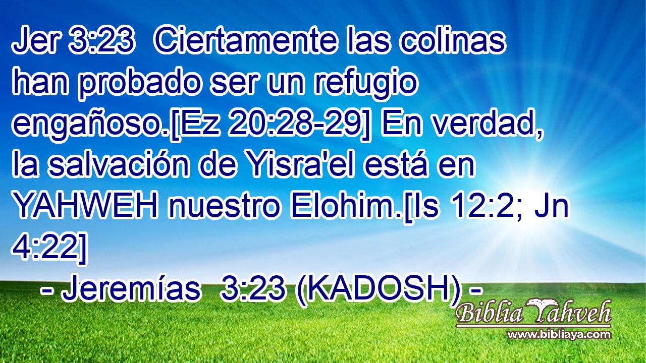  Ciertamente las colinas han probado ser un refugio engañoso.[Ez 20:28-29] En verdad, la salvación de Yisra'el está en YAHWEH nuestro Elohim.[Is 12:2; Jn 4:22] 