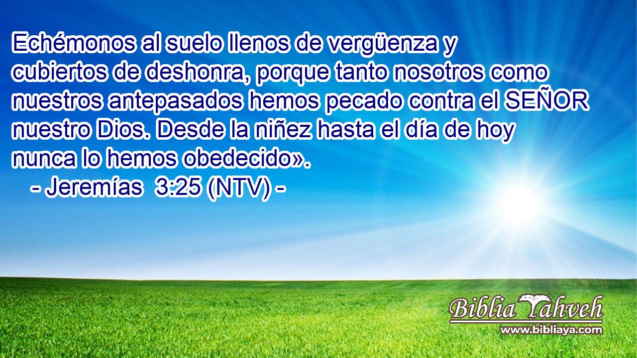 Echémonos al suelo llenos de vergüenza y cubiertos de deshonra, porque tanto nosotros como nuestros antepasados hemos pecado contra el SEÑOR nuestro Dios. Desde la niñez hasta el día de hoy nunca lo hemos obedecido».