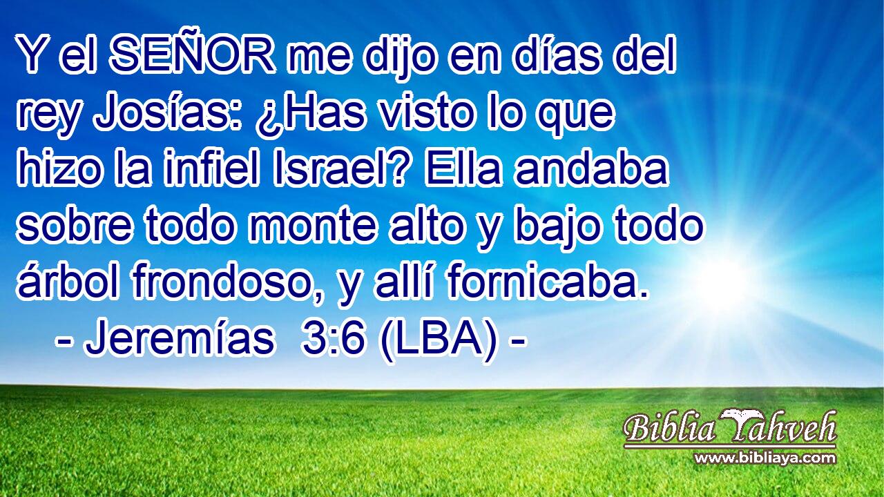 Y el SEÑOR me dijo en días del rey Josías: ¿Has visto lo que hizo la infiel Israel? Ella andaba sobre todo monte alto y bajo todo árbol frondoso, y allí fornicaba.