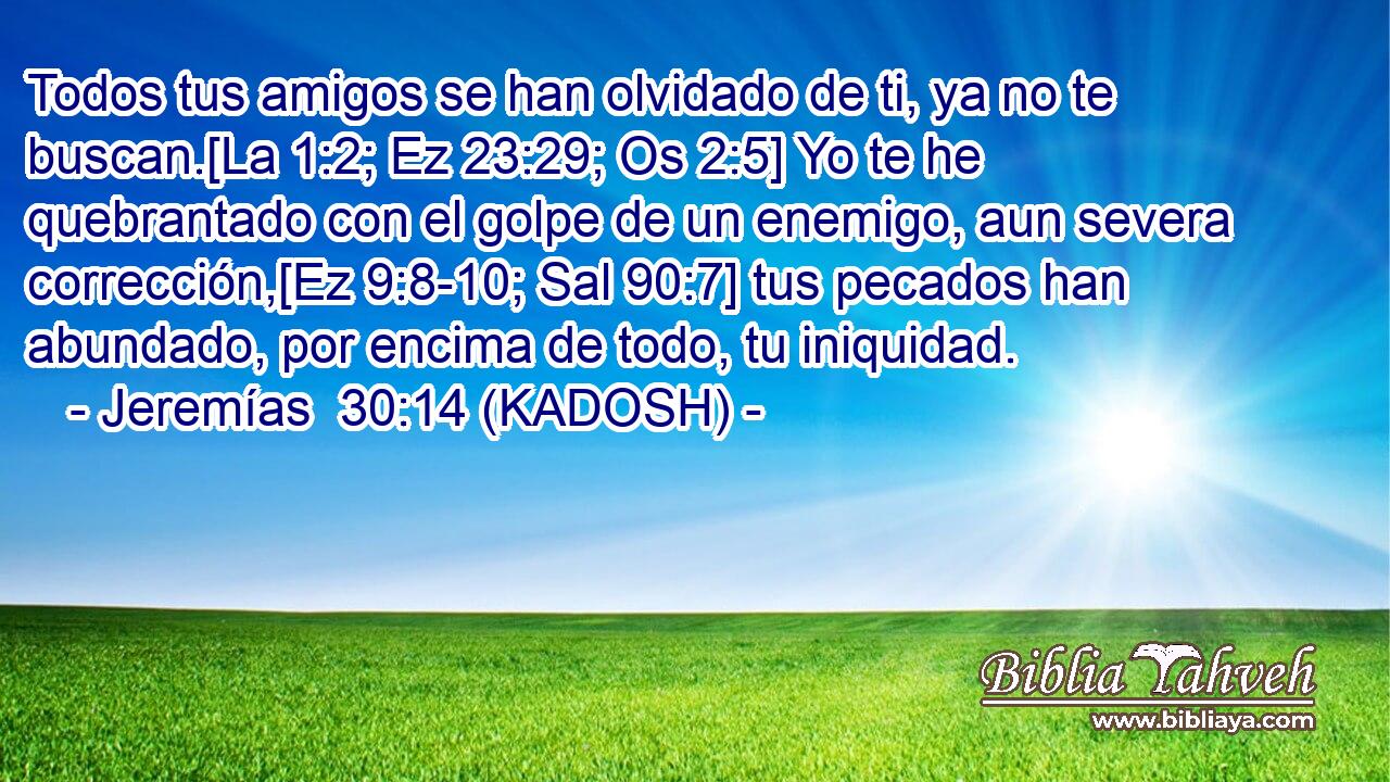  Todos tus amigos se han olvidado de ti, ya no te buscan.[La 1:2; Ez 23:29; Os 2:5] Yo te he quebrantado con el golpe de un enemigo, aun severa corrección,[Ez 9:8-10; Sal 90:7] tus pecados han abundado, por encima de todo, tu iniquidad. 