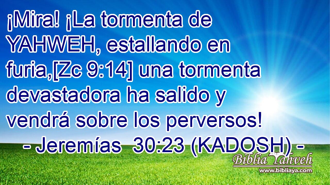  ¡Mira! ¡La tormenta de YAHWEH, estallando en furia,[Zc 9:14] una tormenta devastadora ha salido y vendrá sobre los perversos! 