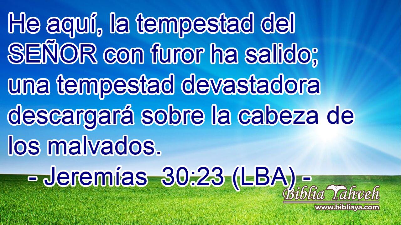 He aquí, la tempestad del SEÑOR con furor ha salido; una tempestad devastadora descargará sobre la cabeza de los malvados.