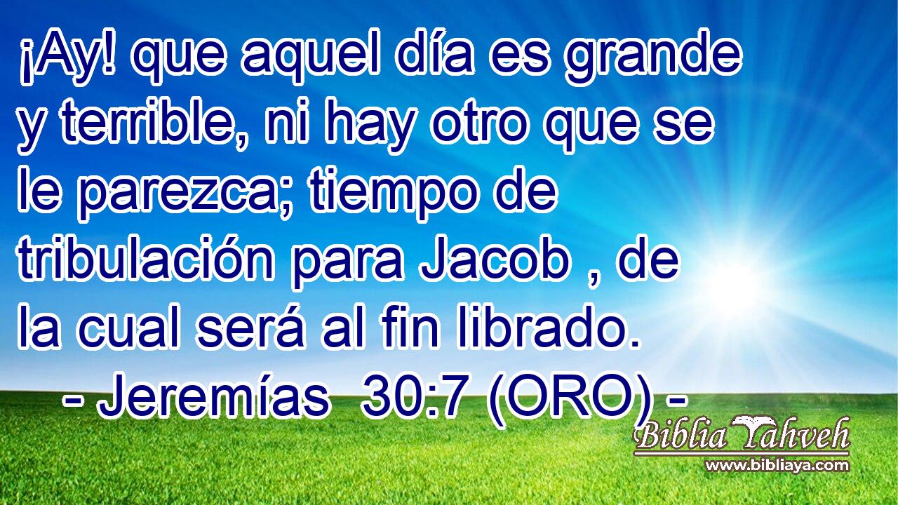  ¡Ay! que aquel día es grande y terrible, ni hay otro que se le parezca; tiempo de tribulación para Jacob , de la cual será al fin librado. 
