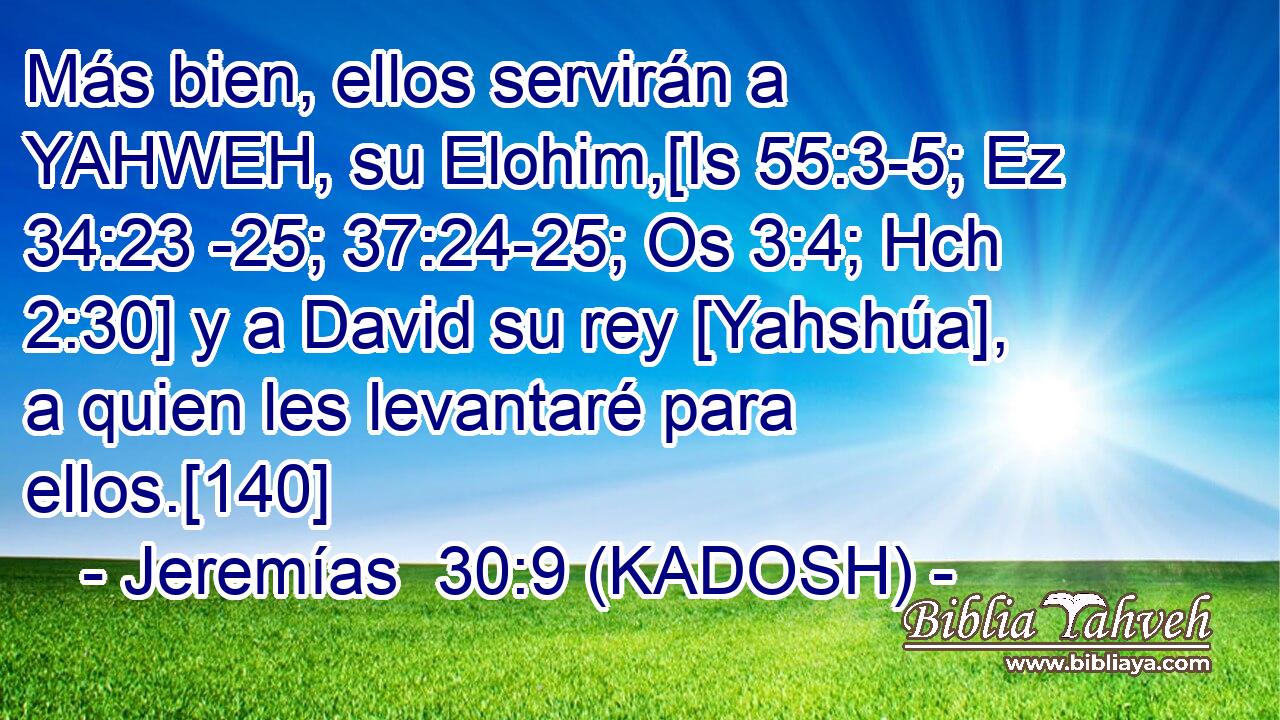  Más bien, ellos servirán a YAHWEH, su Elohim,[Is 55:3-5; Ez 34:23 -25; 37:24-25; Os 3:4; Hch 2:30] y a David su rey [Yahshúa], a quien les levantaré para ellos.[140] 