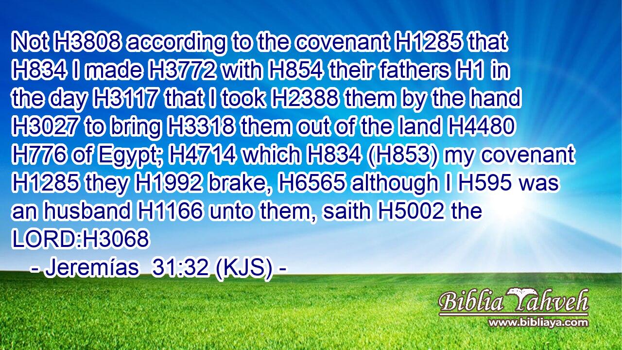 Not H3808 according to the covenant H1285 that H834 I made H3772 with H854 their fathers H1 in the day H3117 that I took H2388 them by the hand H3027 to bring H3318 them out of the land H4480  H776 of Egypt; H4714 which H834 (H853) my covenant H1285 they H1992 brake, H6565 although I H595 was an husband H1166 unto them, saith H5002 the LORD:H3068