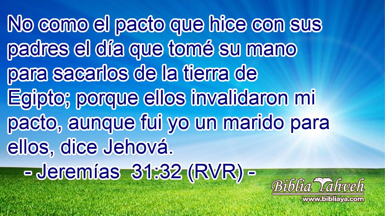 No como el pacto que hice con sus padres el día que tomé su mano para sacarlos de la tierra de Egipto; porque ellos invalidaron mi pacto, aunque fui yo un marido para ellos, dice Jehová.