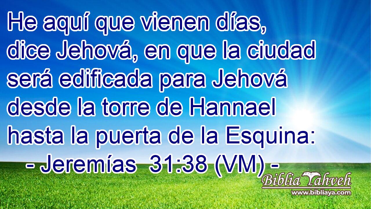  He aquí que vienen días, dice Jehová, en que la ciudad será edificada para Jehová desde la torre de Hannael hasta la puerta de la Esquina: 