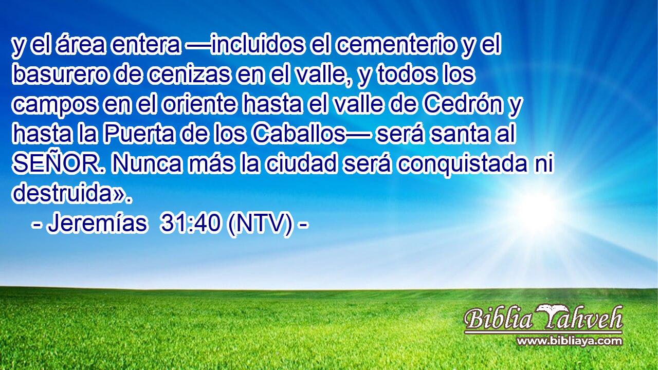 y el área entera —incluidos el cementerio y el basurero de cenizas en el valle, y todos los campos en el oriente hasta el valle de Cedrón y hasta la Puerta de los Caballos— será santa al SEÑOR. Nunca más la ciudad será conquistada ni destruida».