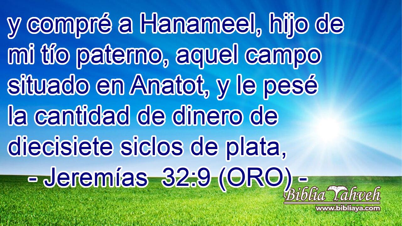  y compré a Hanameel, hijo de mi tío paterno, aquel campo situado en Anatot, y le pesé la cantidad de dinero de diecisiete siclos de plata, 