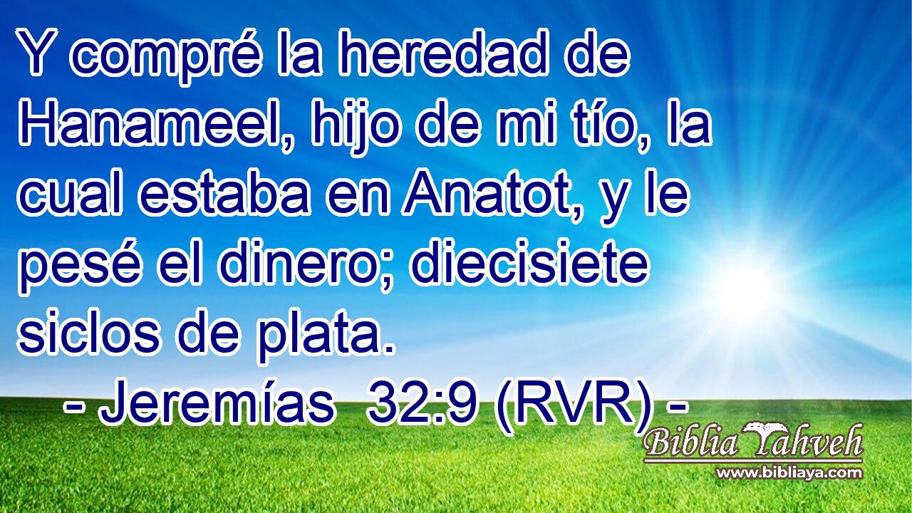 Y compré la heredad de Hanameel, hijo de mi tío, la cual estaba en Anatot, y le pesé el dinero; diecisiete siclos de plata.