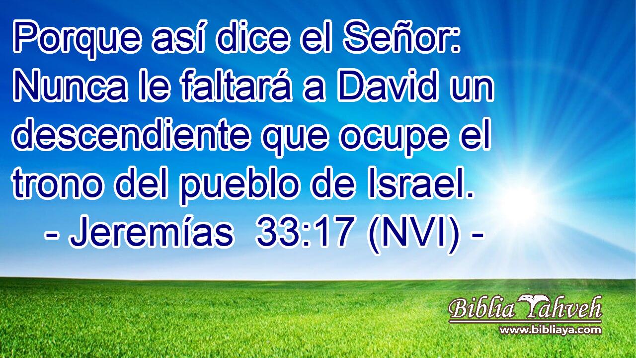  Porque así dice el Señor: Nunca le faltará a David un descendiente que ocupe el trono del pueblo de Israel. 