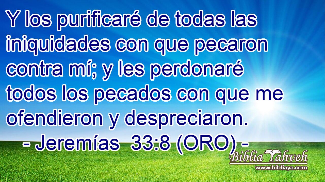  Y los purificaré de todas las iniquidades con que pecaron contra mí; y les perdonaré todos los pecados con que me ofendieron y despreciaron. 