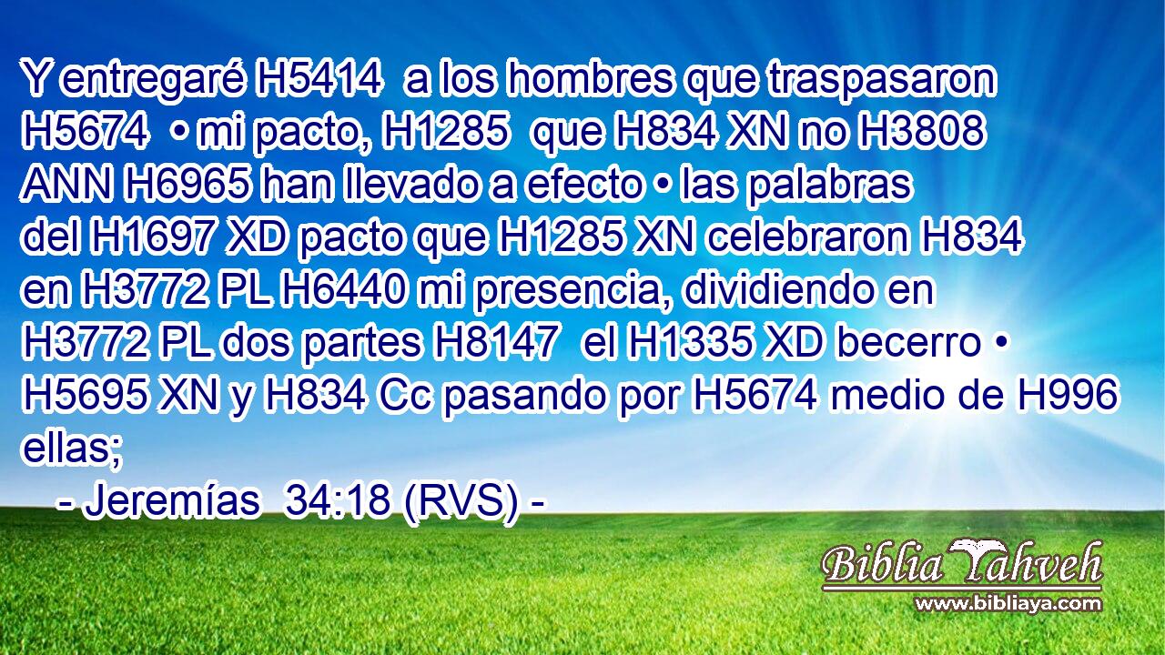 Y entregaré H5414  a los hombres que traspasaron H5674  • mi pacto, H1285  que H834 XN no H3808 ANN H6965 han llevado a efecto • las palabras del H1697 XD pacto que H1285 XN celebraron H834  en H3772 PL H6440 mi presencia, dividiendo en H3772 PL dos partes H8147  el H1335 XD becerro • H5695 XN y H834 Cc pasando por H5674 medio de H996 ellas; 