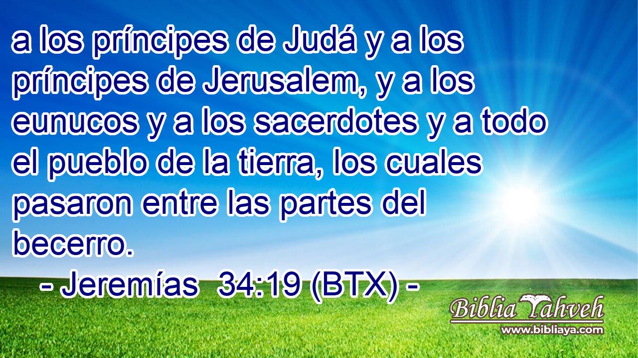 a los príncipes de Judá y a los príncipes de Jerusalem, y a los eunucos y a los sacerdotes y a todo el pueblo de la tierra, los cuales pasaron entre las partes del becerro.
