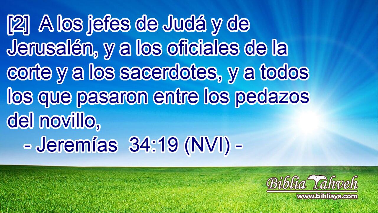  [2]  A los jefes de Judá y de Jerusalén, y a los oficiales de la corte y a los sacerdotes, y a todos los que pasaron entre los pedazos del novillo, 