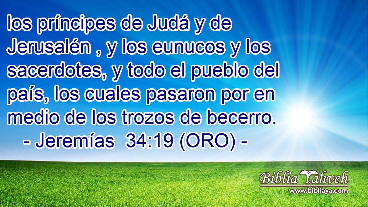  los príncipes de Judá y de Jerusalén , y los eunucos y los sacerdotes, y todo el pueblo del país, los cuales pasaron por en medio de los trozos de becerro. 