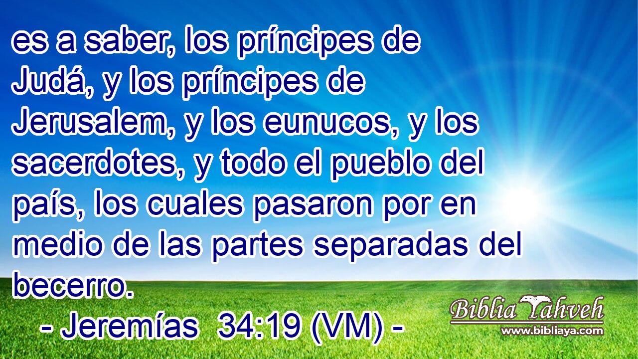  es a saber, los príncipes de Judá, y los príncipes de Jerusalem, y los eunucos, y los sacerdotes, y todo el pueblo del país, los cuales pasaron por en medio de las partes separadas del becerro. 