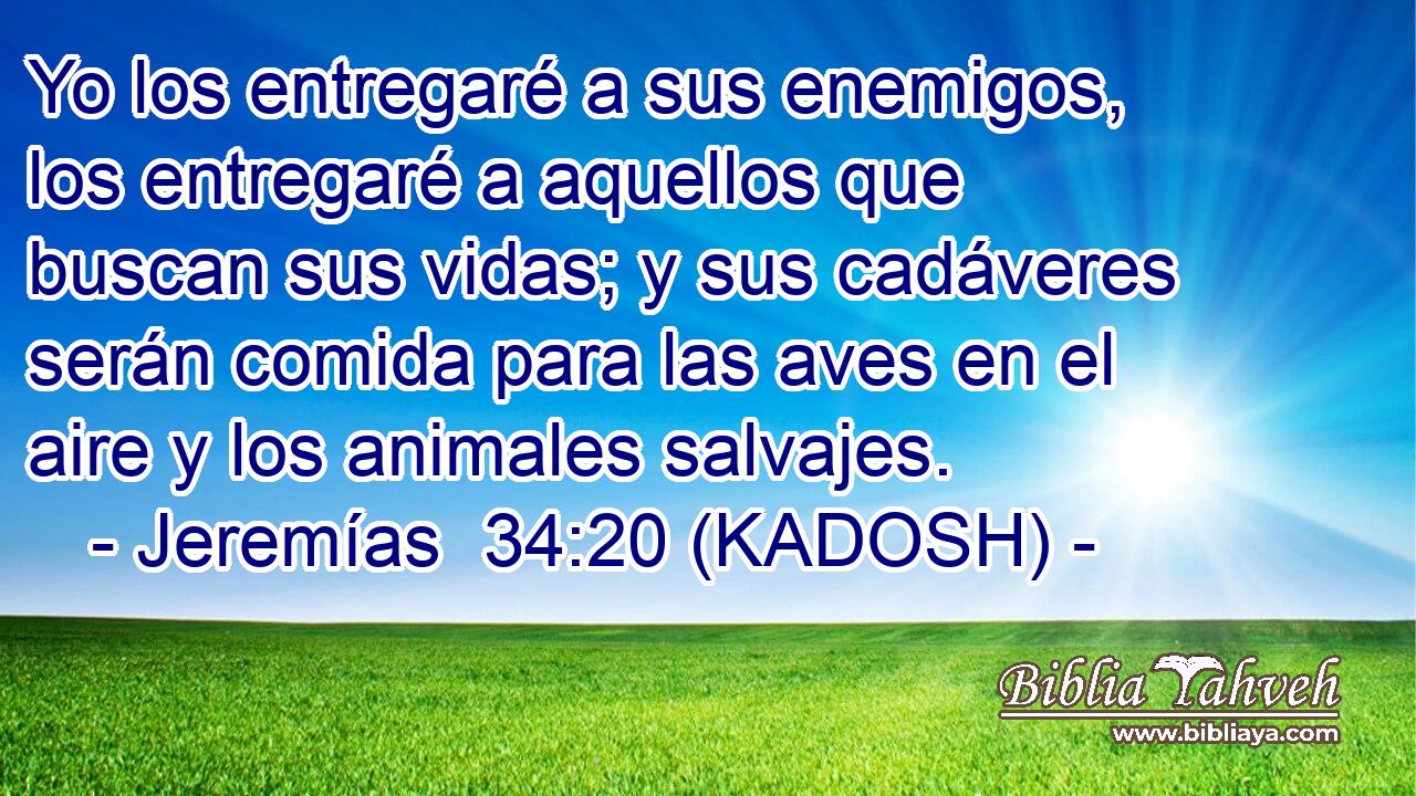  Yo los entregaré a sus enemigos, los entregaré a aquellos que buscan sus vidas; y sus cadáveres serán comida para las aves en el aire y los animales salvajes. 