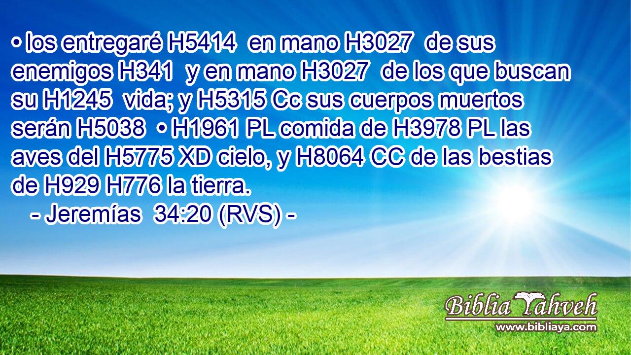 • los entregaré H5414  en mano H3027  de sus enemigos H341  y en mano H3027  de los que buscan su H1245  vida; y H5315 Cc sus cuerpos muertos serán H5038  • H1961 PL comida de H3978 PL las aves del H5775 XD cielo, y H8064 CC de las bestias de H929 H776 la tierra. 