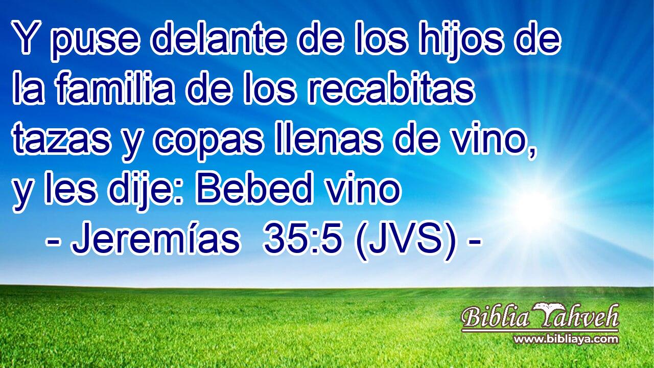 Y puse delante de los hijos de la familia de los recabitas tazas y copas llenas de vino, y les dije: Bebed vino