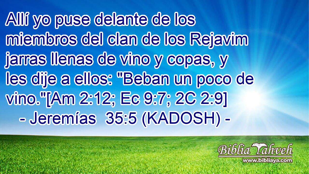  Allí yo puse delante de los miembros del clan de los Rejavim jarras llenas de vino y copas, y les dije a ellos: 