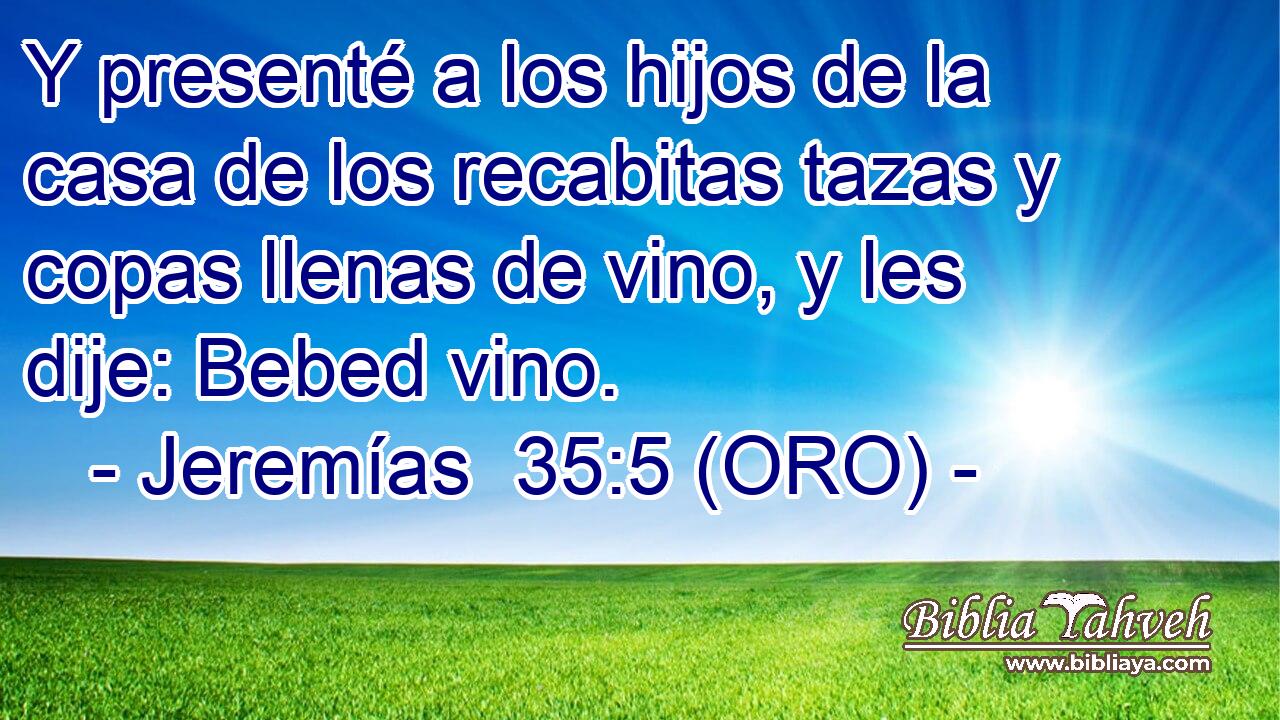  Y presenté a los hijos de la casa de los recabitas tazas y copas llenas de vino, y les dije: Bebed vino. 